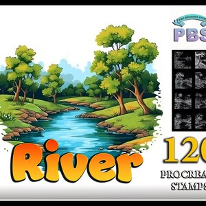 May include: A digital illustration of a river flowing through a green forest with trees on either side. The text "River" is in large, yellow letters with orange outlines. The text "120 Procreate Stamps" is in yellow letters with a black outline. The text "PBS Pro Brushes Store" is in a white circle with a blue ribbon.