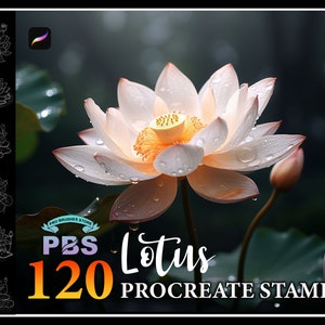 May include: A set of 120 Procreate stamps featuring a white lotus flower with water droplets. The flower is in focus, with a blurred background of green leaves. The text "PBS Lotus 120 Procreate Stamps" is visible in the lower right corner.