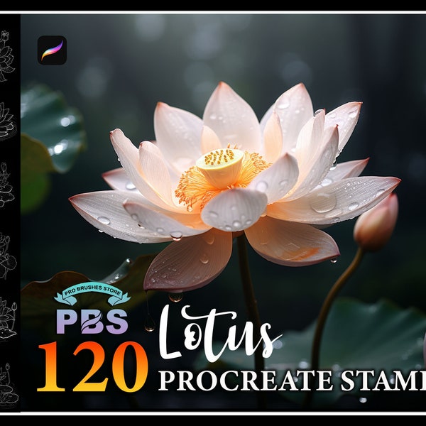 120 Procreate Lotus Stamps, Lotus Flower Stamps for procreate, Flowers procreate stamp, Flowers brush procreate