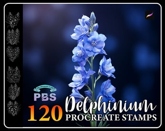 120 Procreate Delphinium Stamps, Delphinium Stamps for procreate, Flower procreate stamp, Flower brush procreate