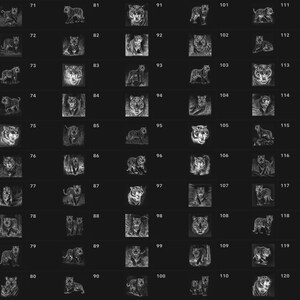 May include: A grid of 120 black and white line drawings of tigers in various poses. The drawings are numbered from 61 to 120.