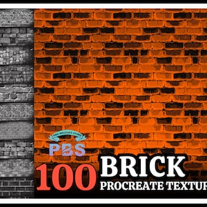 Könnte beinhalten: Ein digitaler Download von 100 Ziegeltexturen für Procreate. Das Bild zeigt eine Auswahl der Texturen, die in verschiedenen Orangetönen und Schwarz gehalten sind.