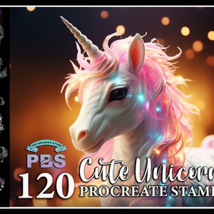 May include: A digital illustration of a cute unicorn with a pink mane and horn, surrounded by sparkling lights. The text "Cute Unicorn 120 Procreate Stamps" is displayed below the unicorn. The image is a digital download for use in the Procreate app.