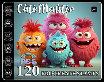 120 Procreate Cute Monster Stamps, Cute Monster stamps for procreate, Kawaii Monster brushes procreate