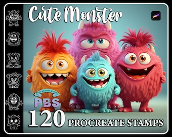 120 timbri Procreate Cute Monster, timbri Cute Monster per procreare, pennelli Kawaii Monster per procreare