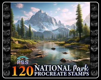120 Procreate National Park Stamps, National Park stamps for procreate, nature procreate stamp