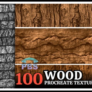 Puede incluir: Una descarga digital de 100 texturas de madera para Procreate. La imagen muestra una variedad de texturas de madera, incluyendo madera oscura, madera clara y madera desgastada.
