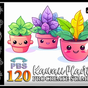 May include: A set of 120 Procreate stamps featuring cute kawaii plant illustrations. The stamps are perfect for adding a touch of whimsy to your digital art.