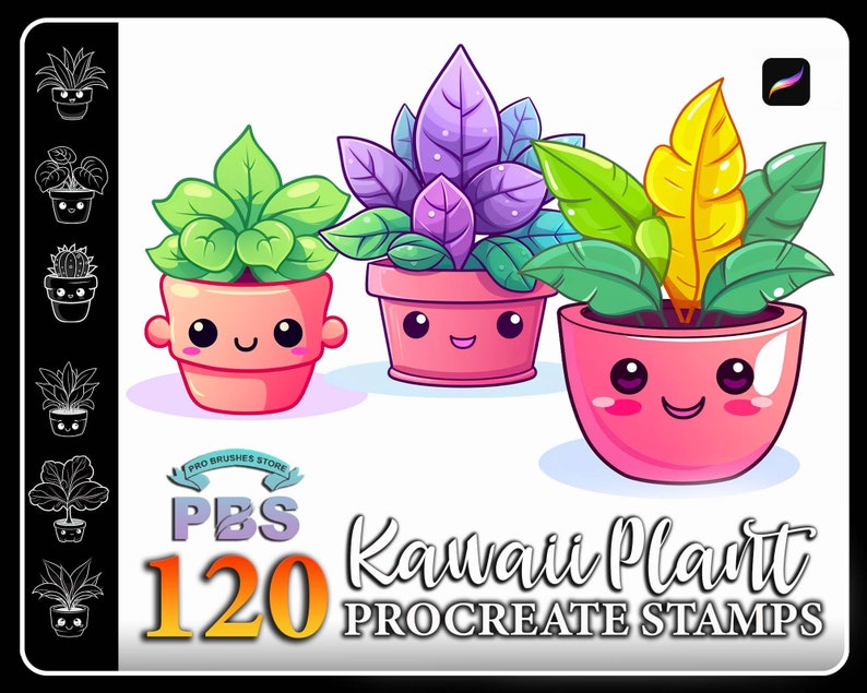 May include: A set of 120 Procreate stamps featuring cute kawaii plant illustrations. The stamps are perfect for adding a touch of whimsy to your digital art.