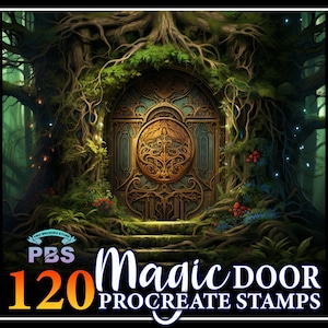 Może przedstawiać: Zestaw 120 stempli Procreate przedstawiający magiczne drzwi w leśnym otoczeniu. Drzwi są ozdobne i złote z okrągłym wzorem w środku. Drzwi są otoczone bujną zielenią i winoroślą. Tekst "120 Magic Door Procreate Stamps" jest widoczny na obrazku.