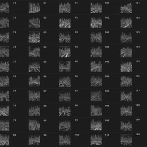 May include: A black and white image of a city skyline featuring buildings, streets, and cars. The image is divided into a grid of 12 rows and 12 columns, with each cell showing a different perspective of the city.