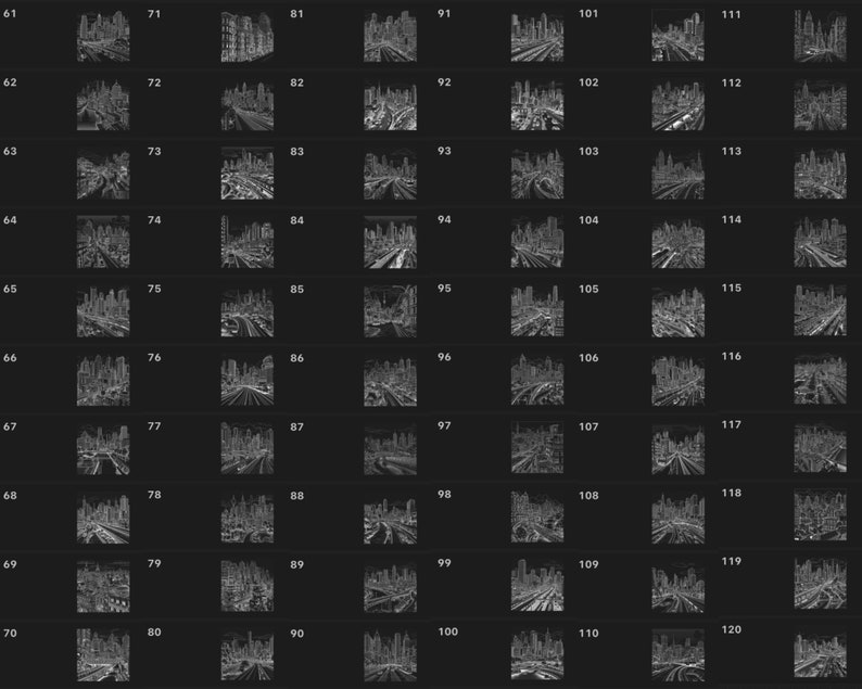 May include: A black and white image of a city skyline featuring buildings, streets, and cars. The image is divided into a grid of 12 rows and 12 columns, with each cell showing a different perspective of the city.