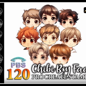 120 Procreate ちびボーイフェイススタンプ、Procreate 用ちびフェイスブラシ、Procreate 用ちびキャラクタースタンプ