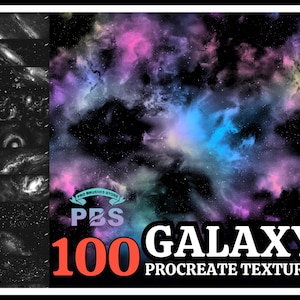May include: 100 Galaxy Procreate Textures. A digital download of 100 galaxy themed textures for use in the Procreate app. The textures feature a variety of colours, including pink, blue, and purple, and are perfect for creating backgrounds, overlays, and other creative effects.
