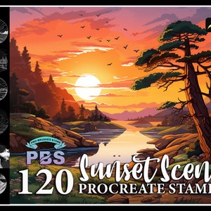 120 Procreate Sunset Stamps, Sunset stamps for procreate, Sunset Scene Procreate stamp, Nature brushes procreate