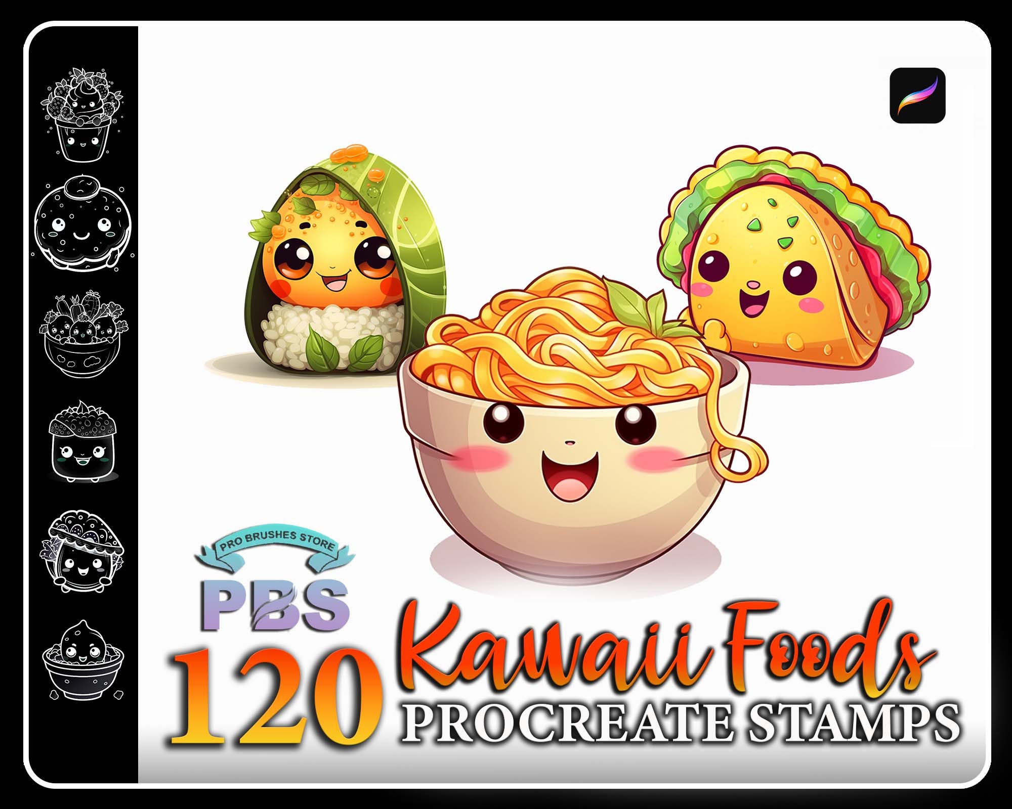 120 sellos de Procreate Kawaii Food – Set de pinceles de comida chibi linda para dibujar en iPad