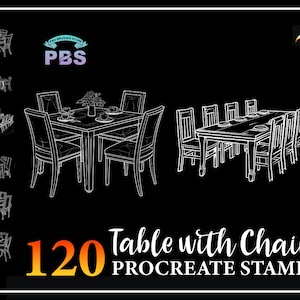 120 Procreate Table And Chairs Stamps, Table With Chairs stamps for procreate, Furniture procreate brush, instant digital download.