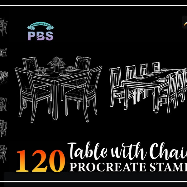 120 Procreate Tisch und Stühle Stempel, Tisch mit Stühlen Stempel für Procreate, Möbel Procreate Pinsel, sofortiger digitaler Download.