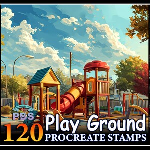 May include: A digital illustration of a colourful playground with a slide, a climbing frame, and a swing set. The playground is surrounded by trees and a blue sky with white clouds. The text "120 Play Ground PROCREATE STAMPS" is in the lower right corner of the image.