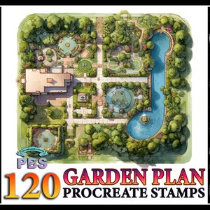 Könnte beinhalten: Eine digitale Illustration eines Gartenplans mit einem gewundenen Teich, Bäumen und einem Haus. Das Bild ist mit "120 GARDEN PLAN PROCREATE STAMPS" beschriftet.