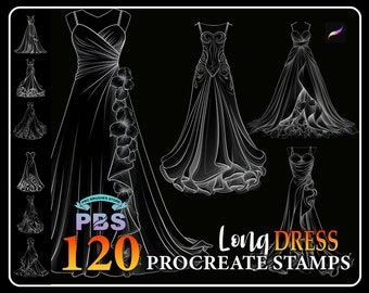120 Procreate Long Dress Stamps, Brosse à robe longue pour procréer, Timbre de procréation de mode