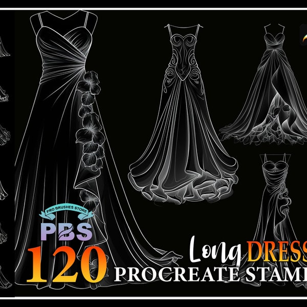 120 Procreate Long Dress Stamps, Brosse à robe longue pour procréer, Timbre de procréation de mode
