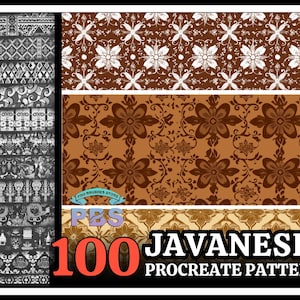 Może przedstawiać: Cyfrowy plik do pobrania zawierający 100 wzorów Procreate w stylu jawajskim. Wzory są w różnych kolorach i wzorach, w tym brązowym, białym i złotym. Wzory idealnie nadają się do tworzenia unikalnych i pięknych projektów.