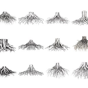 May include: A set of 12 black and white illustrations of tree roots. Each illustration shows a different perspective of the roots, with some showing the base of the trunk and others showing the roots spreading out.