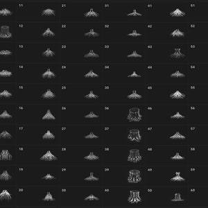May include: A grid of 60 black and white illustrations of tree roots and stumps. The illustrations are numbered from 01 to 60.