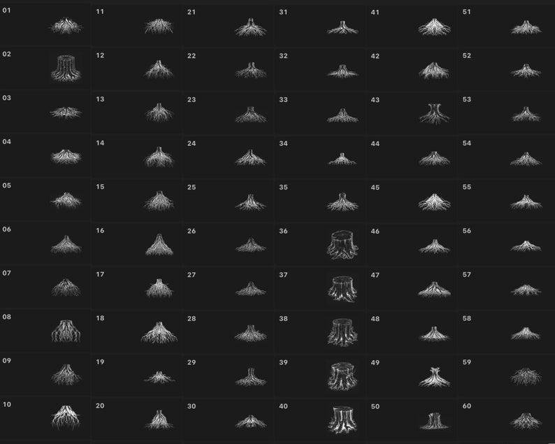 May include: A grid of 60 black and white illustrations of tree roots and stumps. The illustrations are numbered from 01 to 60.