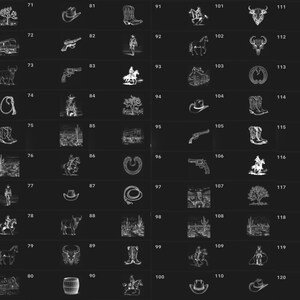 May include: A black and white image with 120 different western-themed illustrations. The illustrations include cowboys, horses, boots, hats, guns, cacti, and more.