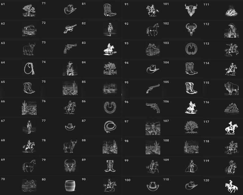 May include: A black and white image with 120 different western-themed illustrations. The illustrations include cowboys, horses, boots, hats, guns, cacti, and more.