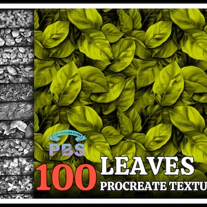 May include: 100 green leaf textures for Procreate. The image shows a close-up of a seamless pattern of green leaves.