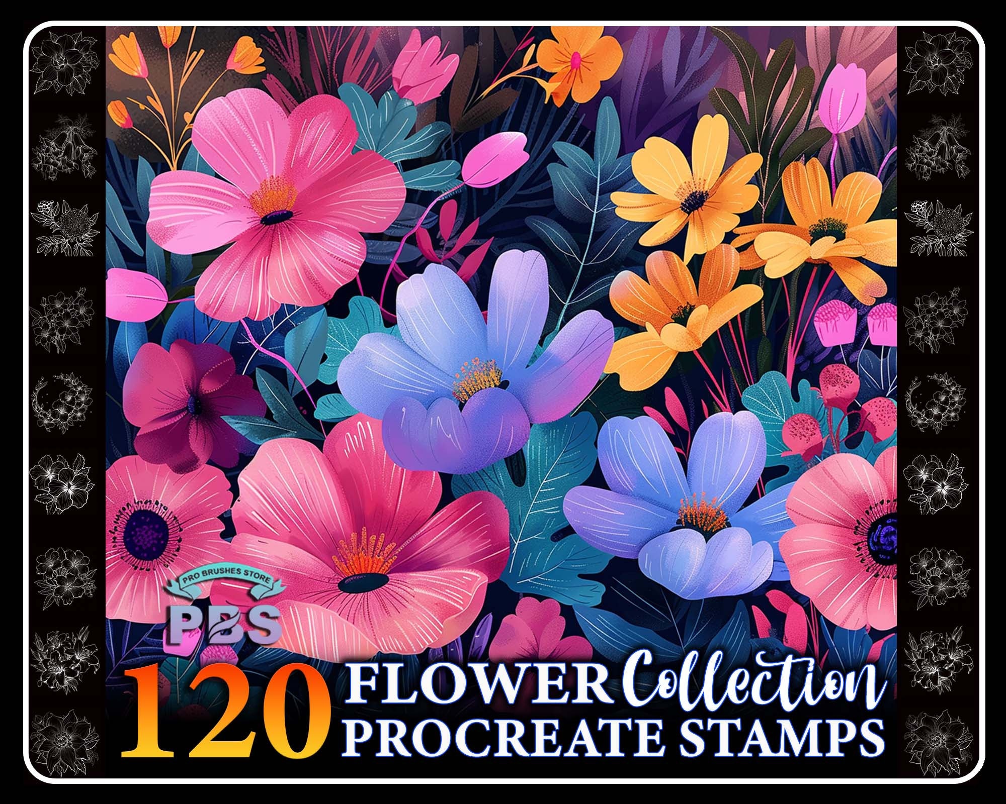 Set de 120 sellos de flores para Procreate – Pinceles botánicos para iPad