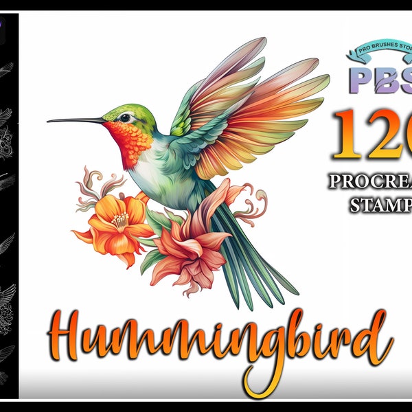 120 Procreate Hummingbird Stamps, Hummingbird brush for procreate, Floral Hummingbird procreate stamp, instant digital download.