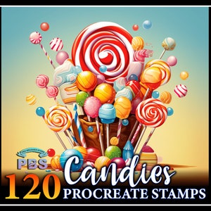 Puede incluir: Una ilustración colorida de 120 sellos de caramelos para Procreate. La imagen presenta una variedad de caramelos, incluyendo piruletas, ositos de goma y barras de chocolate, todo dispuesto de una manera caprichosa y festiva.