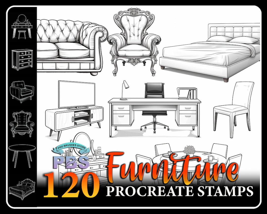 120 Procreate Furniture Stamps, Furniture Stamps for Procreate