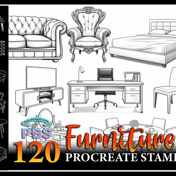 120 Procreate Furniture Stamps, Furniture stamps for procreate, Furniture procreate brush