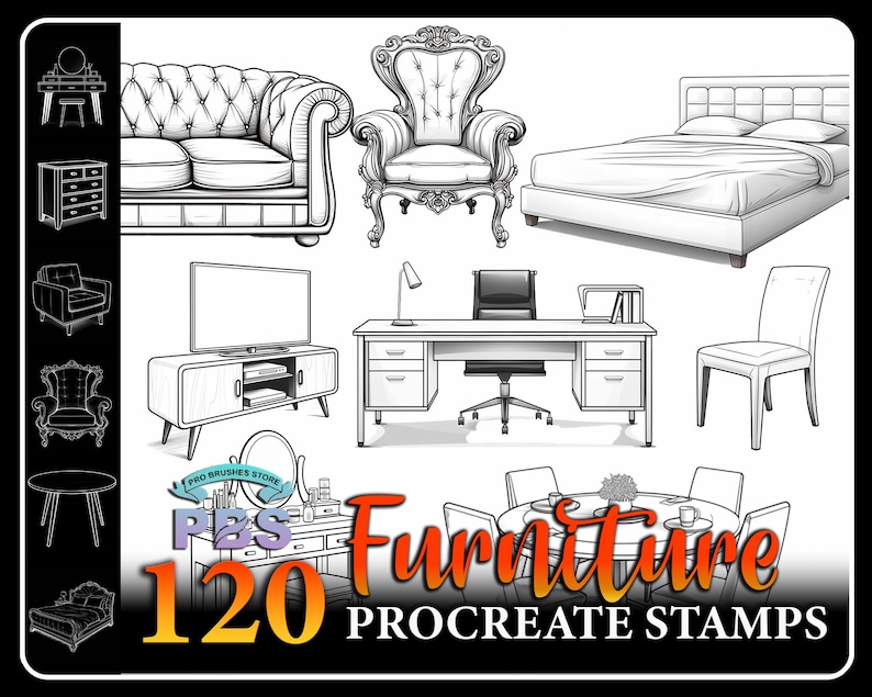 Peut inclure: Un ensemble de 120 illustrations de meubles en noir et blanc pour Procreate. Les illustrations comprennent une vari&eacute;t&eacute; de meubles, tels que des canap&eacute;s, des chaises, des tables, des lits et des bureaux.