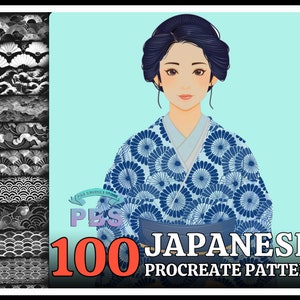May include: Illustration of a woman in a blue and white floral kimono. The image includes a stack of black and white Japanese pattern designs and the text "100 Japanese Procreate Pattern".