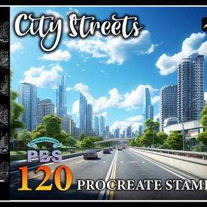 Puede incluir: Una ilustraci&oacute;n digital de una escena de calle de ciudad con edificios altos, una autopista y coches. El texto "City Streets" est&aacute; en la parte superior de la imagen. El texto "Procreate Stamps" y "120" est&aacute;n en la parte inferior de la imagen.