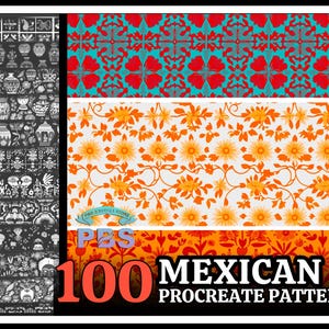 Könnte beinhalten: Ein digitaler Download von 100 mexikanischen Mustern zur Verwendung in der Procreate-App. Die Muster zeigen eine Vielzahl von Designs, darunter florale, geometrische und traditionelle mexikanische Motive. Die Muster sind in verschiedenen Farben gehalten, darunter Rot, Orange, Gelb, Blau und Grün.