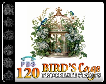 120 Procreate Bird Cage Stamps, Cute Bird Cage stamps for procreate, Bird Cage Designs