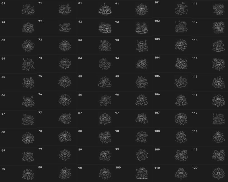 May include: A grid of 120 black and white line drawings of lotus flowers. Each flower is unique and has a different design. The drawings are arranged in a grid of 12 rows and 10 columns.
