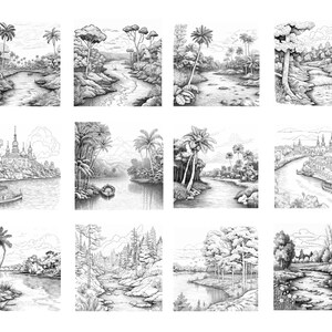 May include: A collection of 12 black and white pencil drawings depicting various landscapes with rivers and trees. The drawings are in a grid format with three rows and four columns.