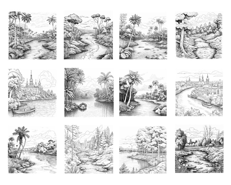 May include: A collection of 12 black and white pencil drawings depicting various landscapes with rivers and trees. The drawings are in a grid format with three rows and four columns.