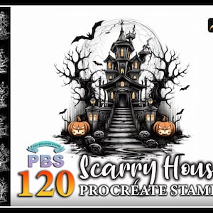 May include: A set of 120 Procreate stamps featuring a spooky black and white illustration of a haunted house with a full moon, bats, and pumpkins. The text "PBS 120 Scarry House Procreate Stamps" is visible in the image.