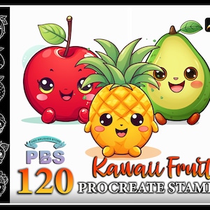120 Procreate Kawaii Fruits Stamps, Kawaii Fruits brush for procreate, Procreate Cute fruits stamps