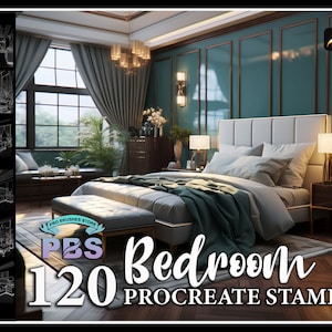 Könnte beinhalten: Ein Set mit 120 Procreate-Stempeln, die ein Schlafzimmer-Interieur mit einem großen Bett, einem Fenster mit Vorhängen, einem Nachttisch mit einer Lampe und einem Teppich auf einem Holzboden zeigen. Die Stempel sind für die Verwendung in der Procreate-App konzipiert.