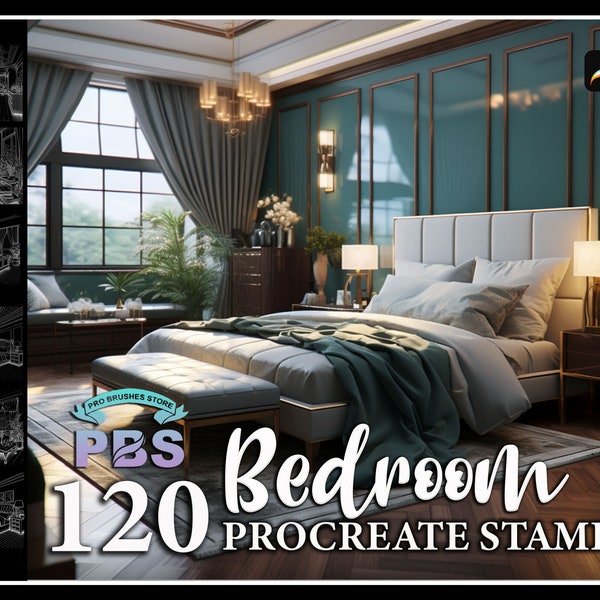 120 Procreate Bedroom Stamps, Bedroom stamps for procreate, interior procreate brush, elegant Bedroom stamp.